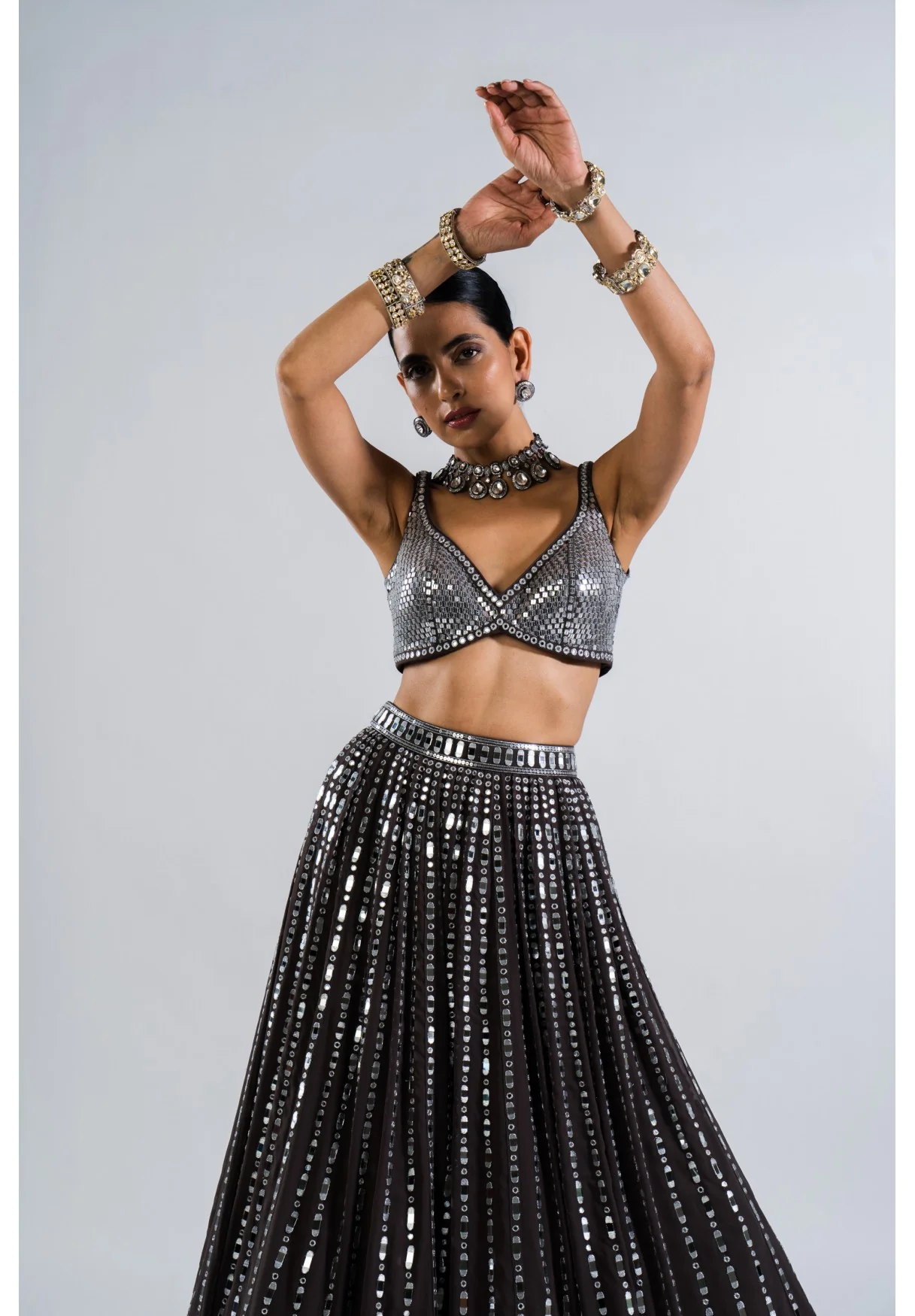 Charcoal Grey Linear Drop Lehenga With Metallic Blouse - Image 3