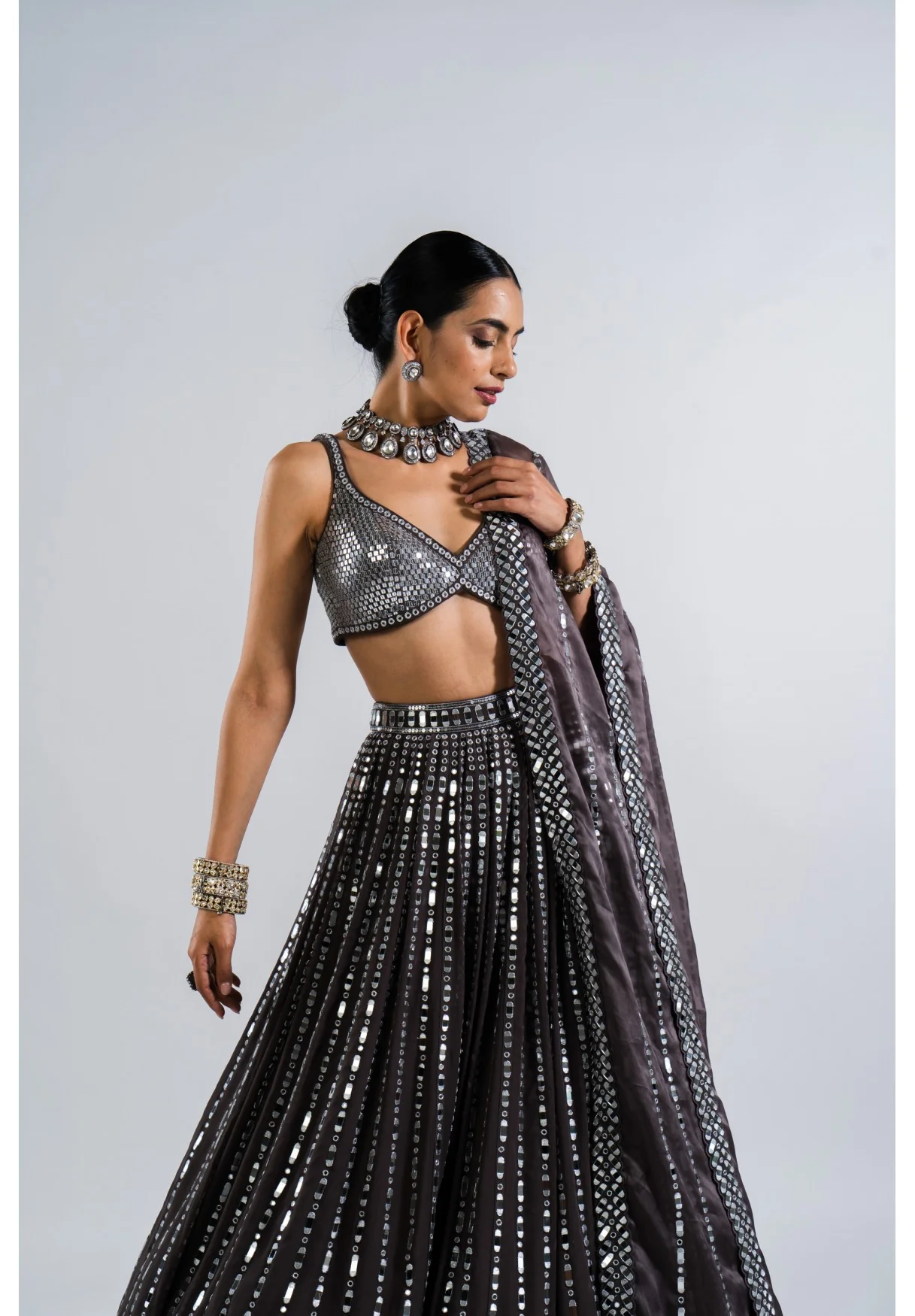 Charcoal Grey Linear Drop Lehenga With Metallic Blouse - Image 4