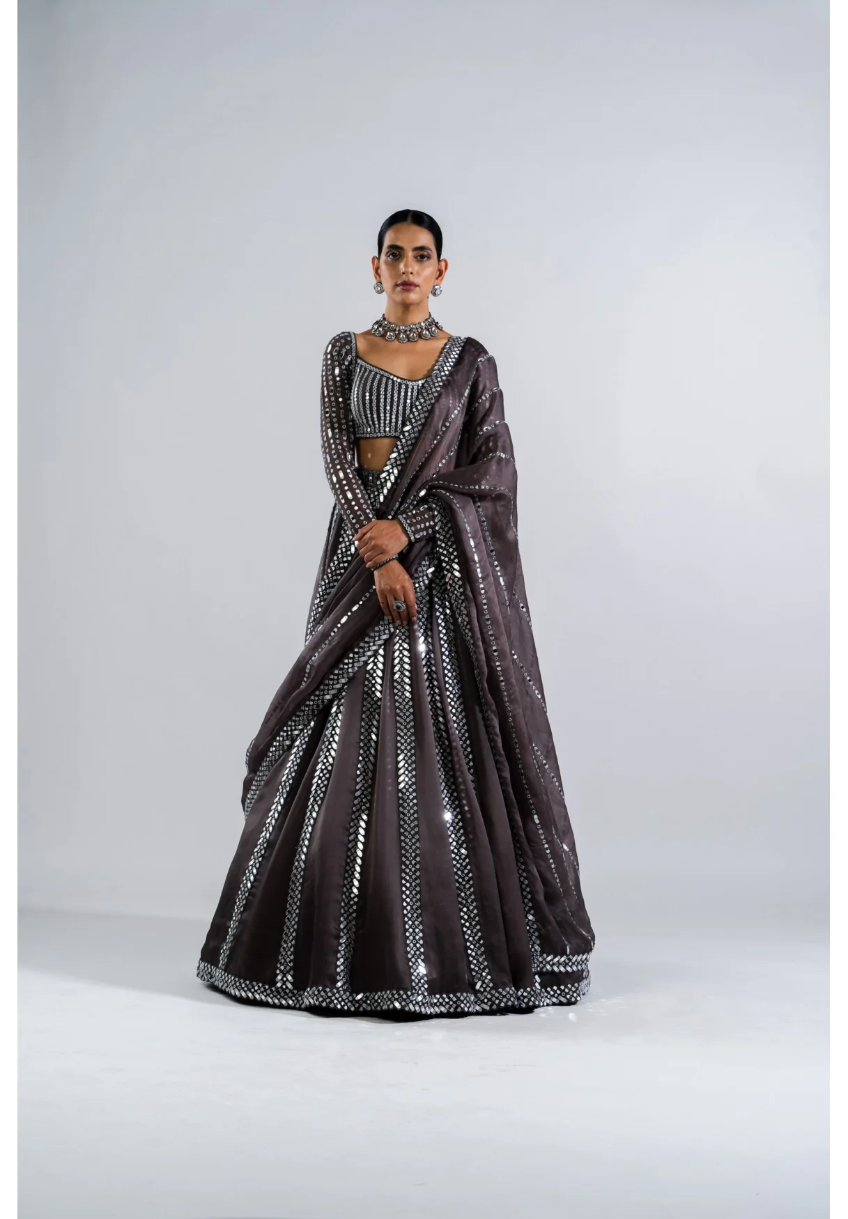 Charcoal Grey Mirror Seam Lehenga Set - Image 3