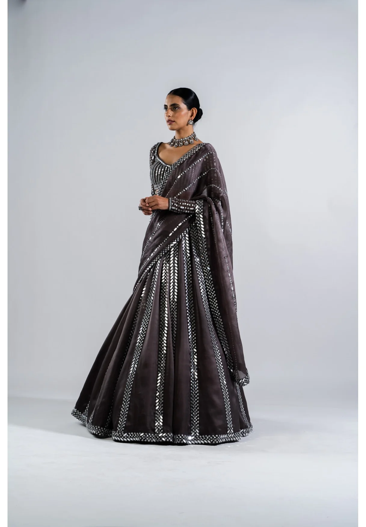 Charcoal Grey Mirror Seam Lehenga Set - Image 4