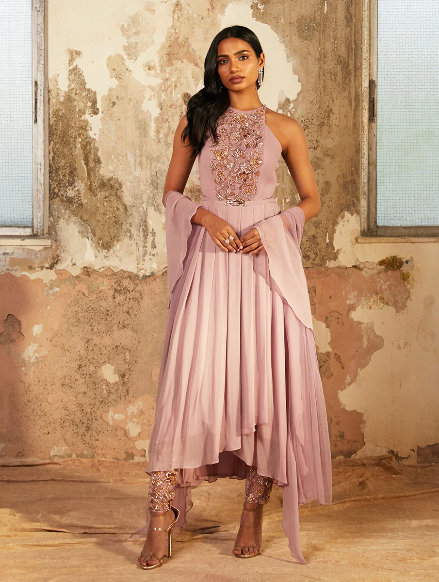 CHELSEA - Lilac Georgette Overlap Pleated Kurta - Image 3