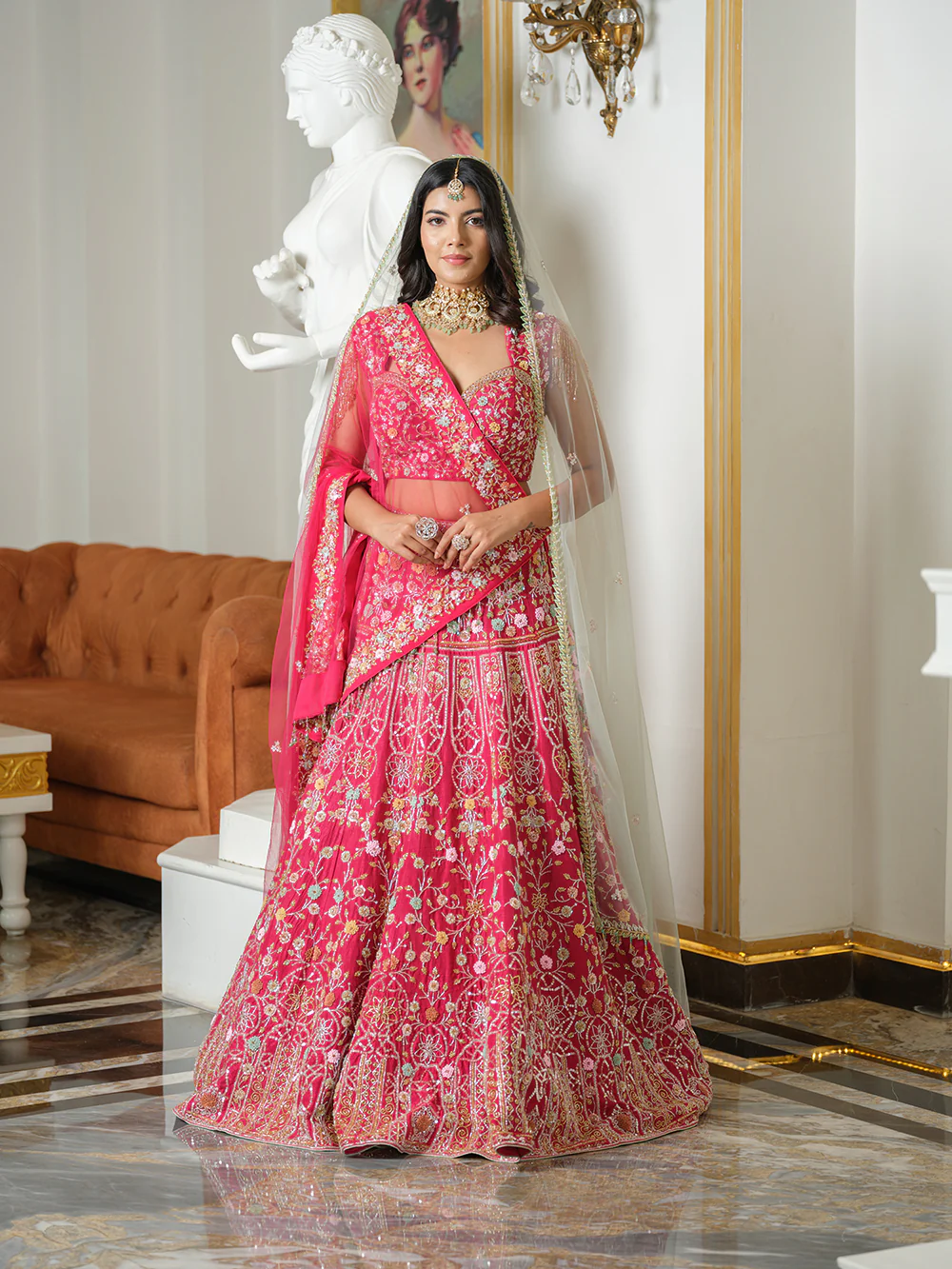 Cherry Pink Silk Floral Handcrafted Lehenga