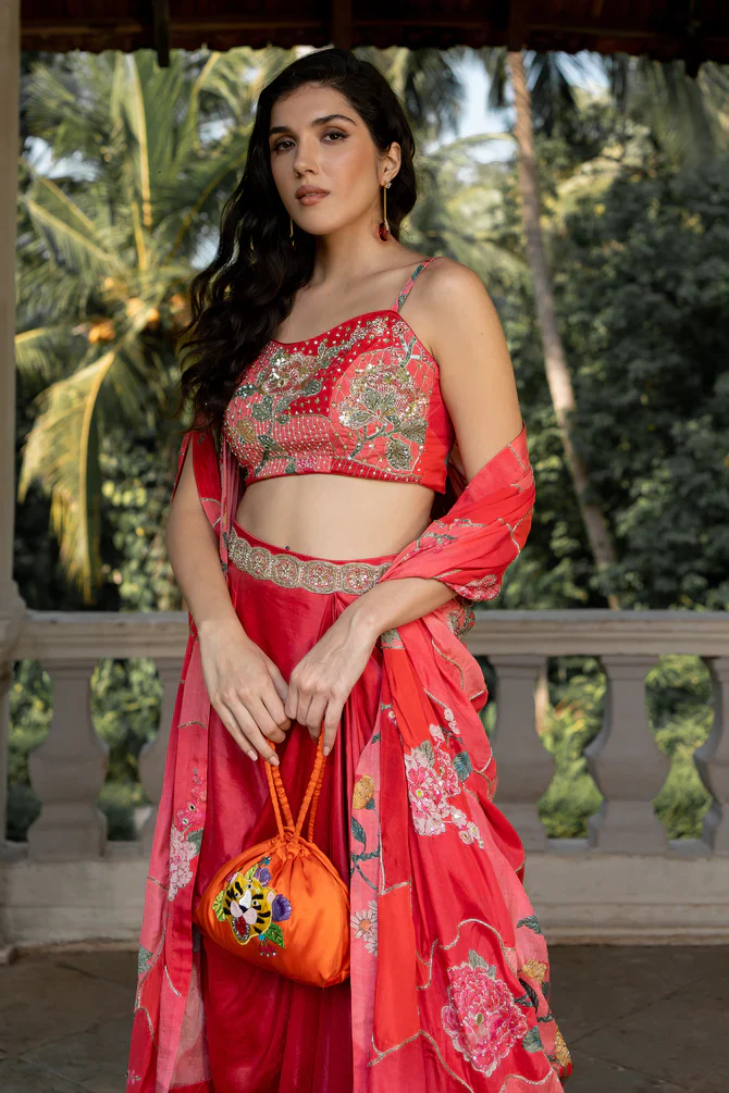 Cherry Red Jacket Paired With Satin Pre Drape Skirt - Image 2