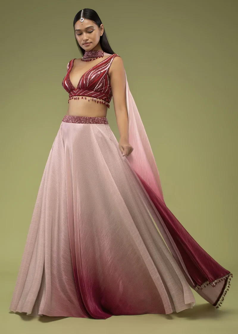 Cherry Red Ombre Skirt And A Crop Top In The Crush, Paired With The Crop Top In Multi-Color Cut Dana And Moti Embroidery