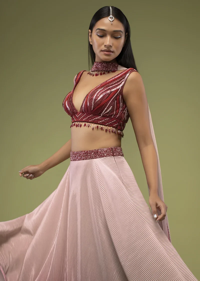 Cherry Red Ombre Skirt And A Crop Top In The Crush, Paired With The Crop Top In Multi-Color Cut Dana And Moti Embroidery - Image 2