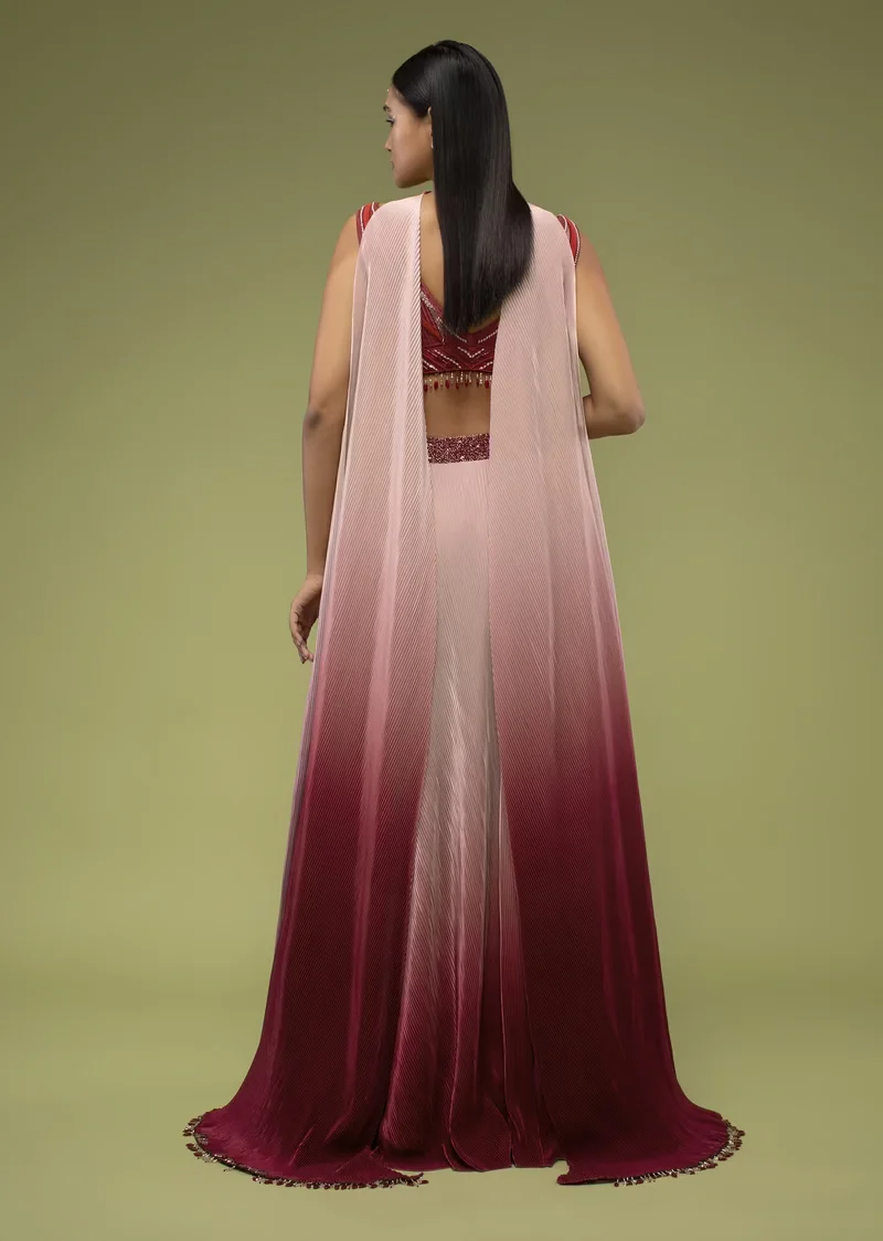 Cherry Red Ombre Skirt And A Crop Top In The Crush, Paired With The Crop Top In Multi-Color Cut Dana And Moti Embroidery - Image 3
