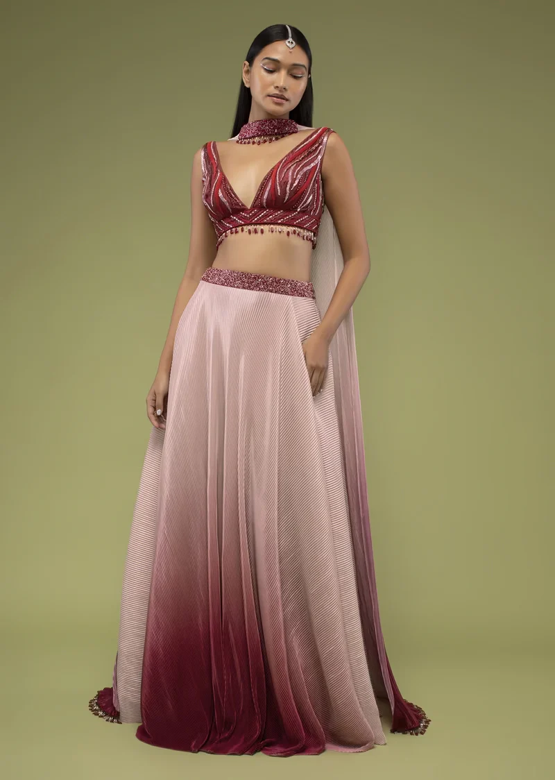 Cherry Red Ombre Skirt And A Crop Top In The Crush, Paired With The Crop Top In Multi-Color Cut Dana And Moti Embroidery - Image 4