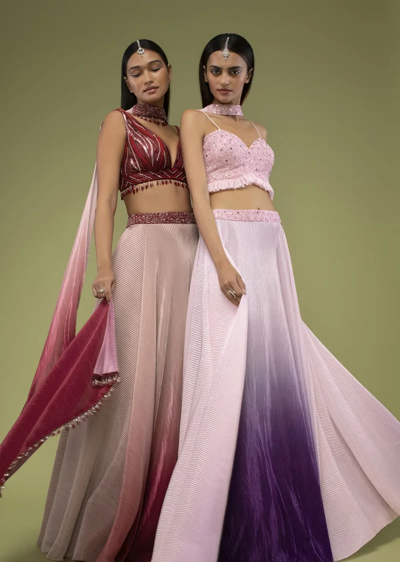Cherry Red Ombre Skirt And A Crop Top In The Crush, Paired With The Crop Top In Multi-Color Cut Dana And Moti Embroidery - Image 5