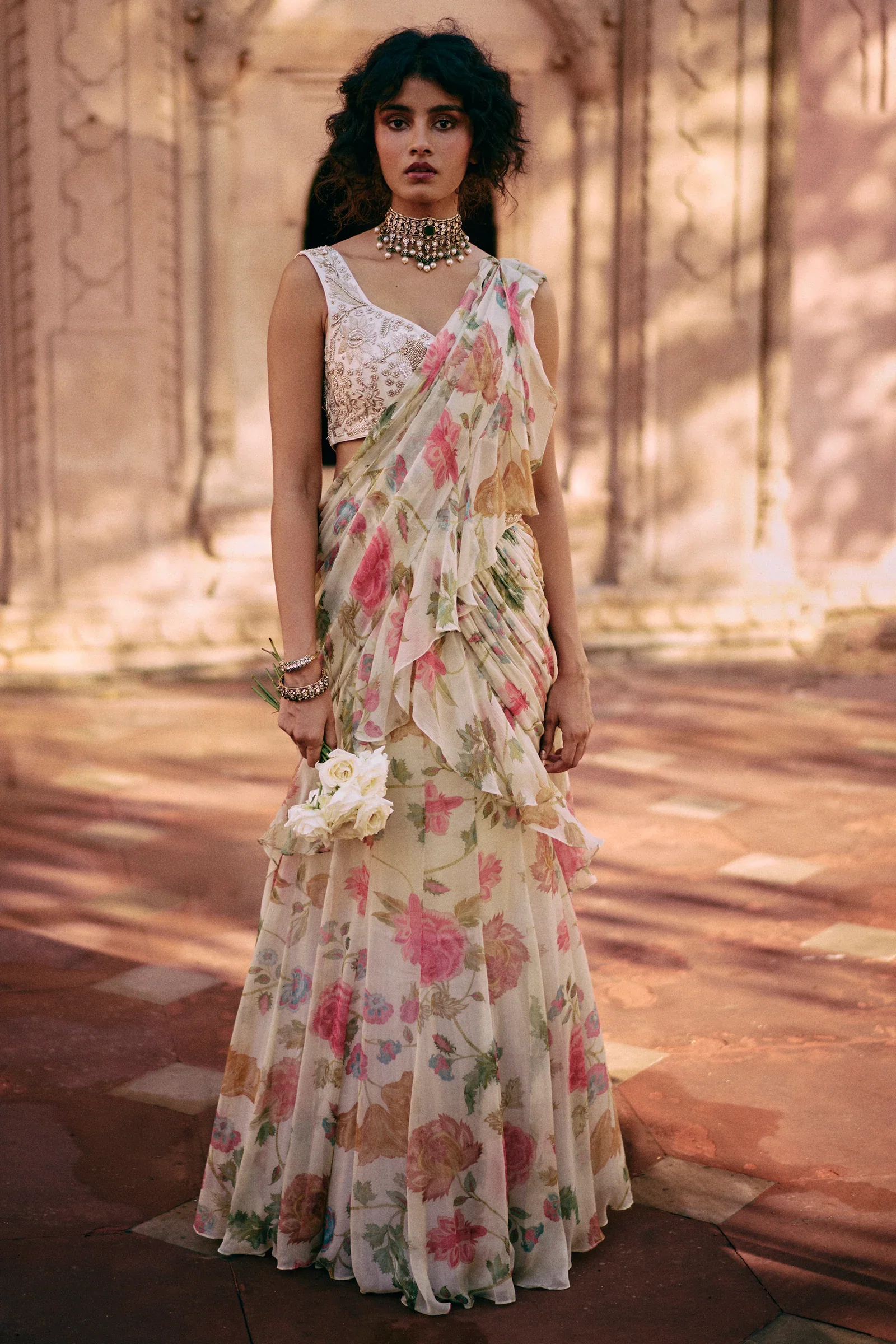 Chiffon Signature Floral Print Pre-Draped Saree