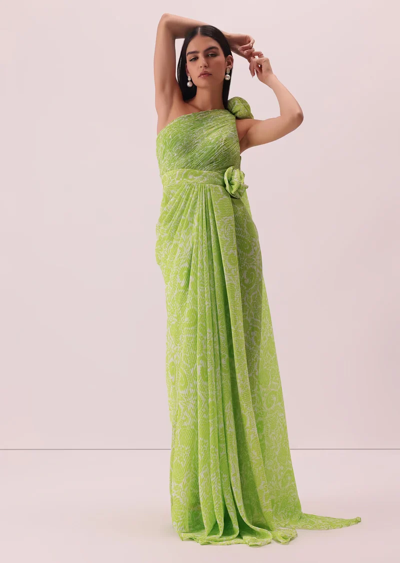 Citrus Green One-Shoulder Floral Printed Gown In Georgette With Attached Drape