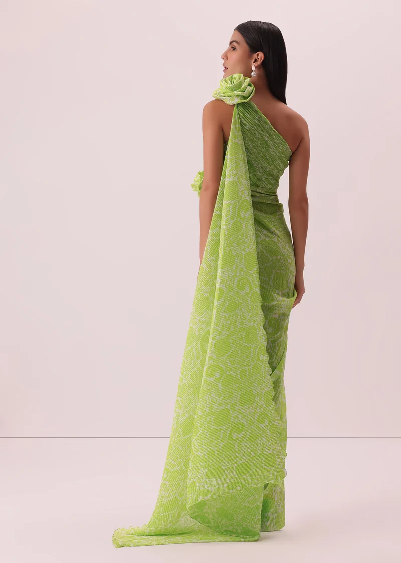 Citrus Green One-Shoulder Floral Printed Gown In Georgette With Attached Drape - Image 3