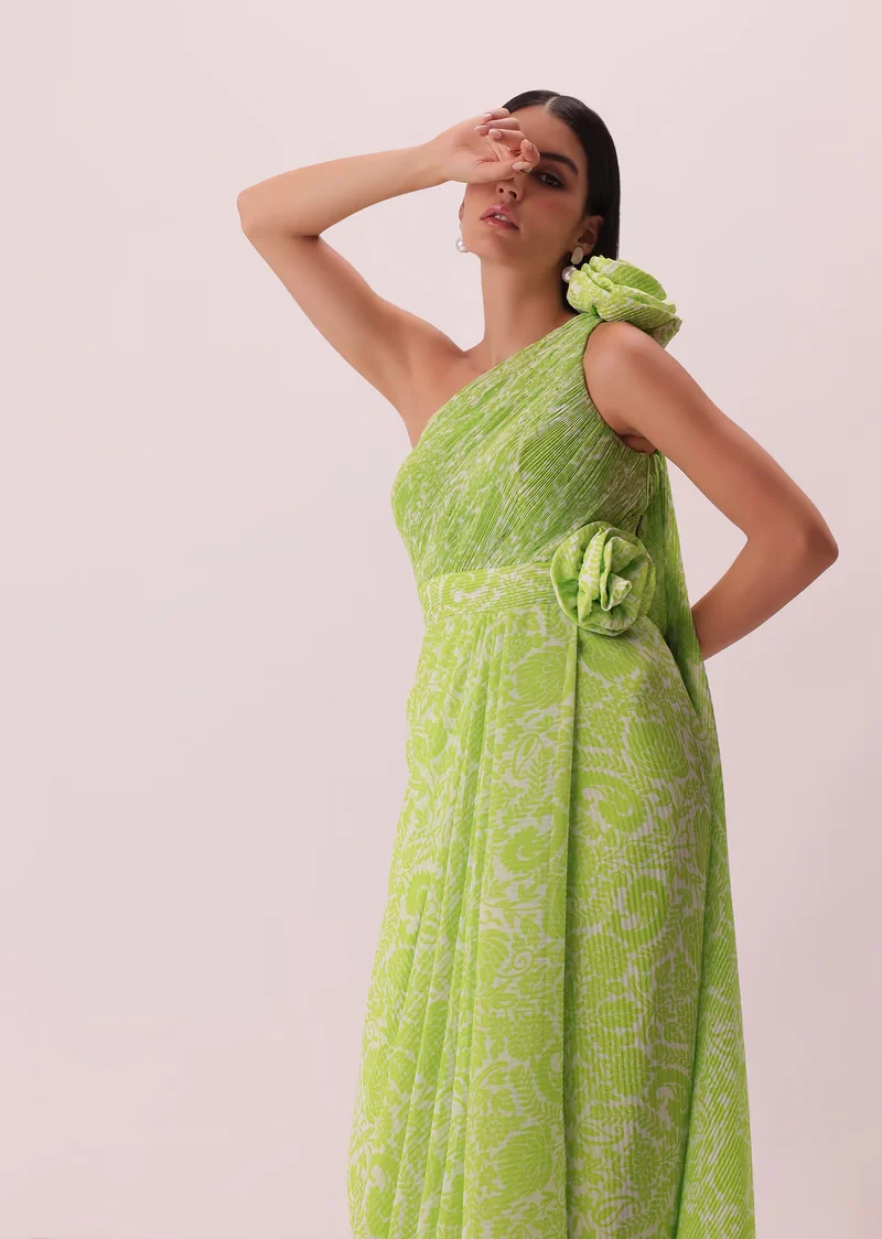 Citrus Green One-Shoulder Floral Printed Gown In Georgette With Attached Drape - Image 4