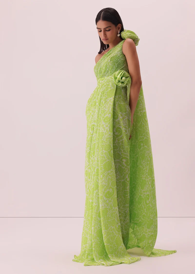 Citrus Green One-Shoulder Floral Printed Gown In Georgette With Attached Drape - Image 5