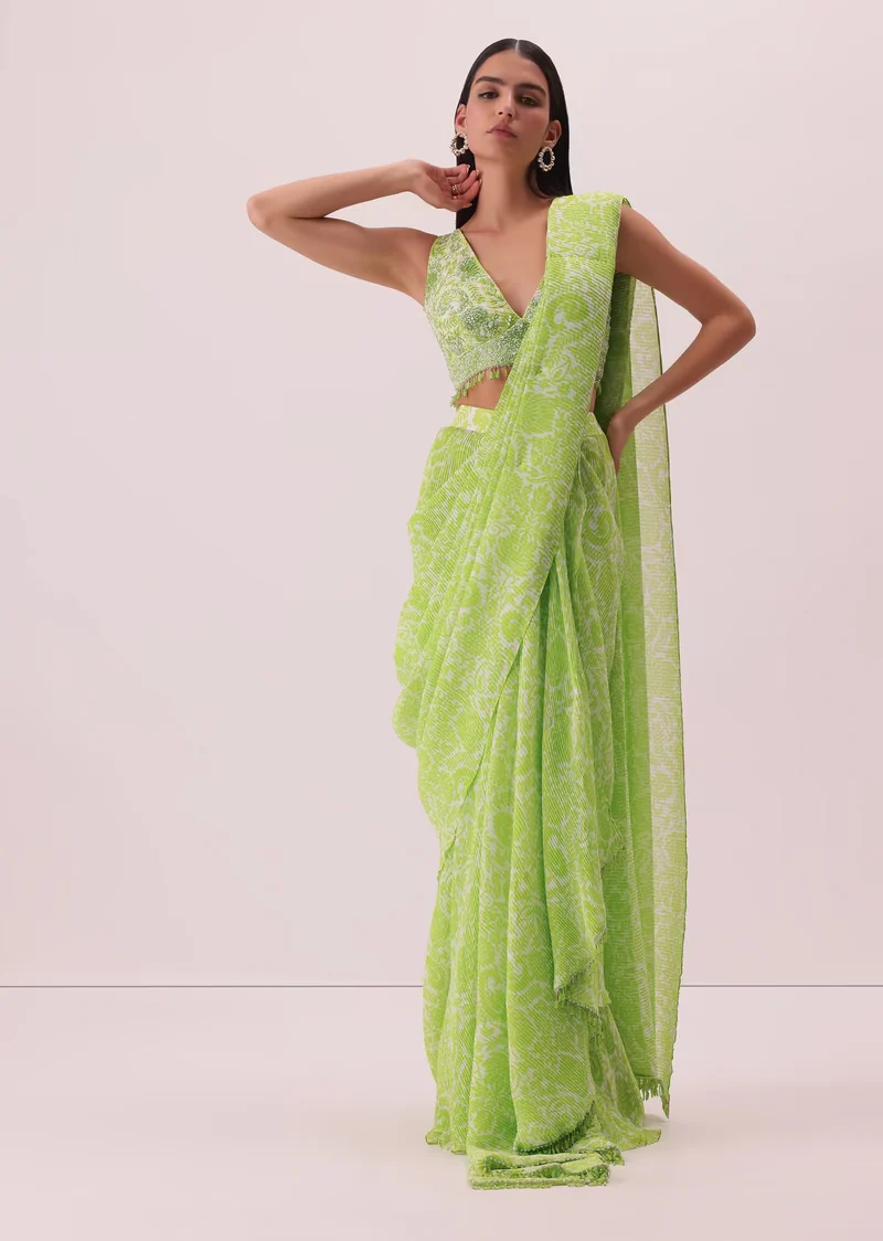 Citrus Green Pre-Stitched Printed Palazzo Set In Georgette With Attached Drape In Georgette