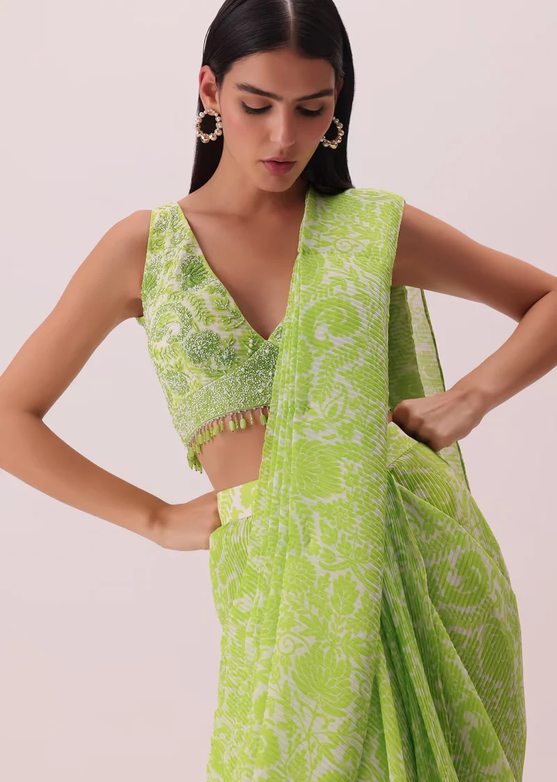 Citrus Green Pre-Stitched Printed Palazzo Set In Georgette With Attached Drape In Georgette - Image 2