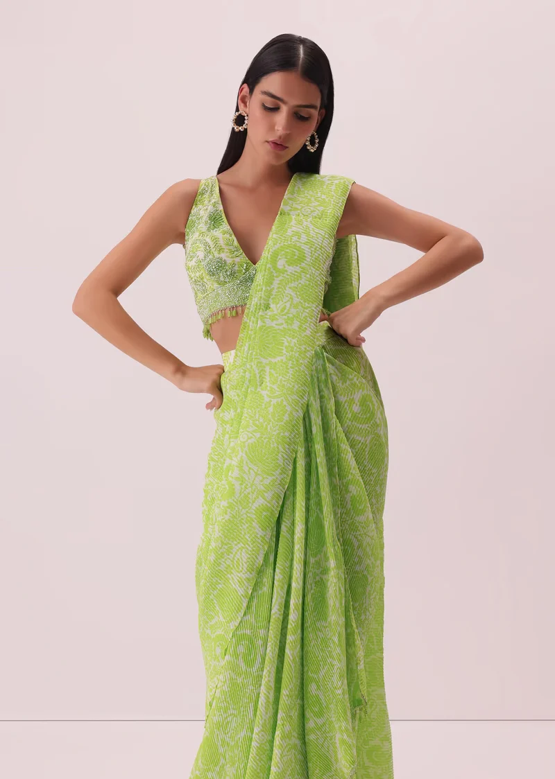 Citrus Green Pre-Stitched Printed Palazzo Set In Georgette With Attached Drape In Georgette - Image 5