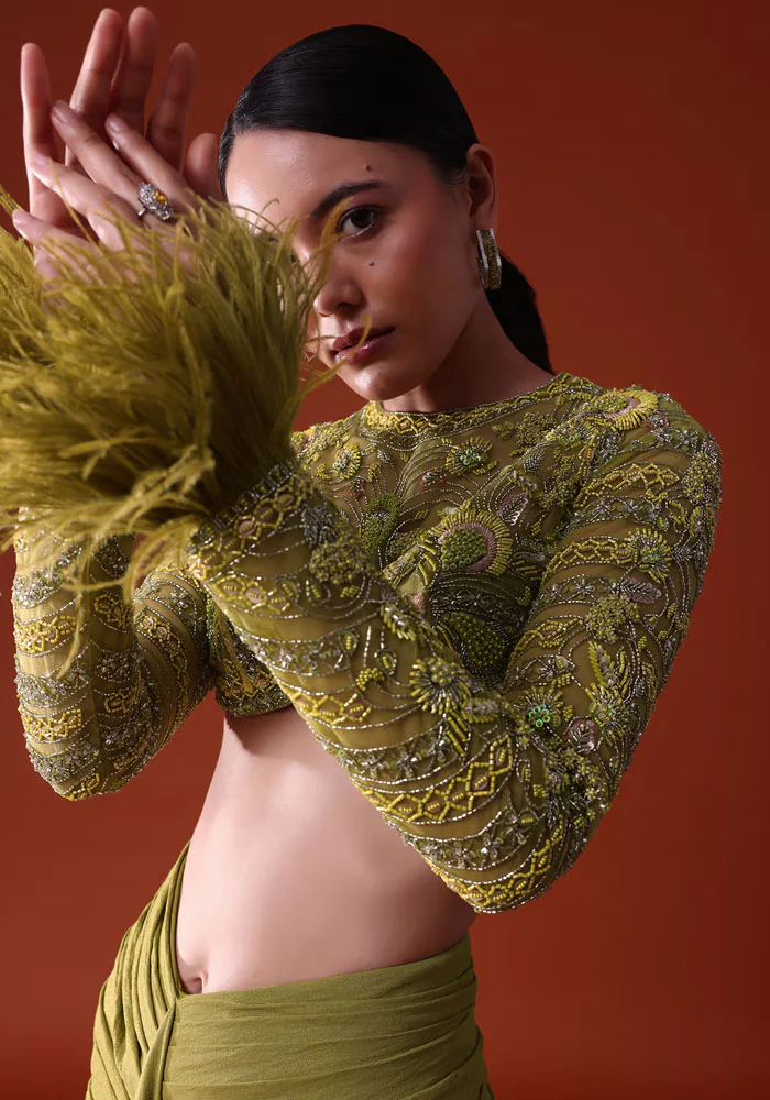 Citrus Green Satin Net Draped Trail Skirt With Feather Embellished Bustier - Image 3