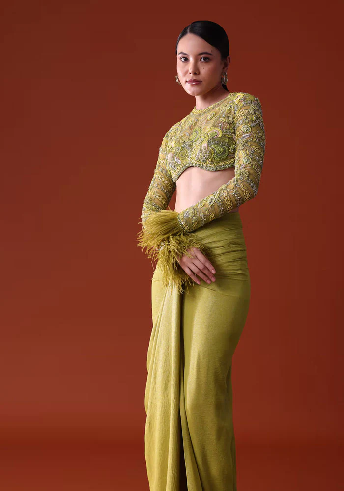 Citrus Green Satin Net Draped Trail Skirt With Feather Embellished Bustier - Image 4