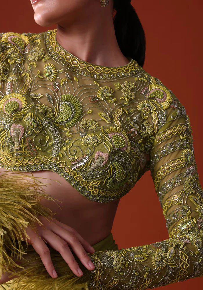 Citrus Green Satin Net Draped Trail Skirt With Feather Embellished Bustier - Image 5