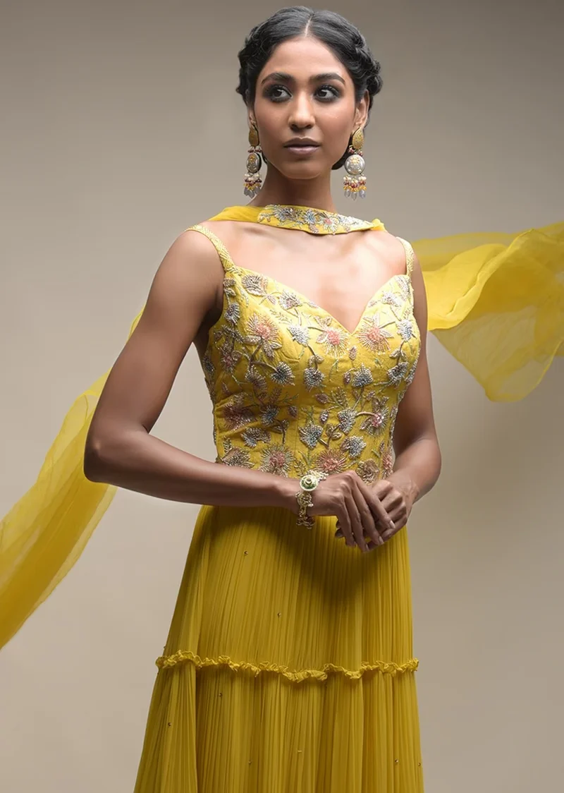 Citrus Indowestern Tiered suit In Georgette With Resham And Beads Embroidered Floral Pattern - Image 2