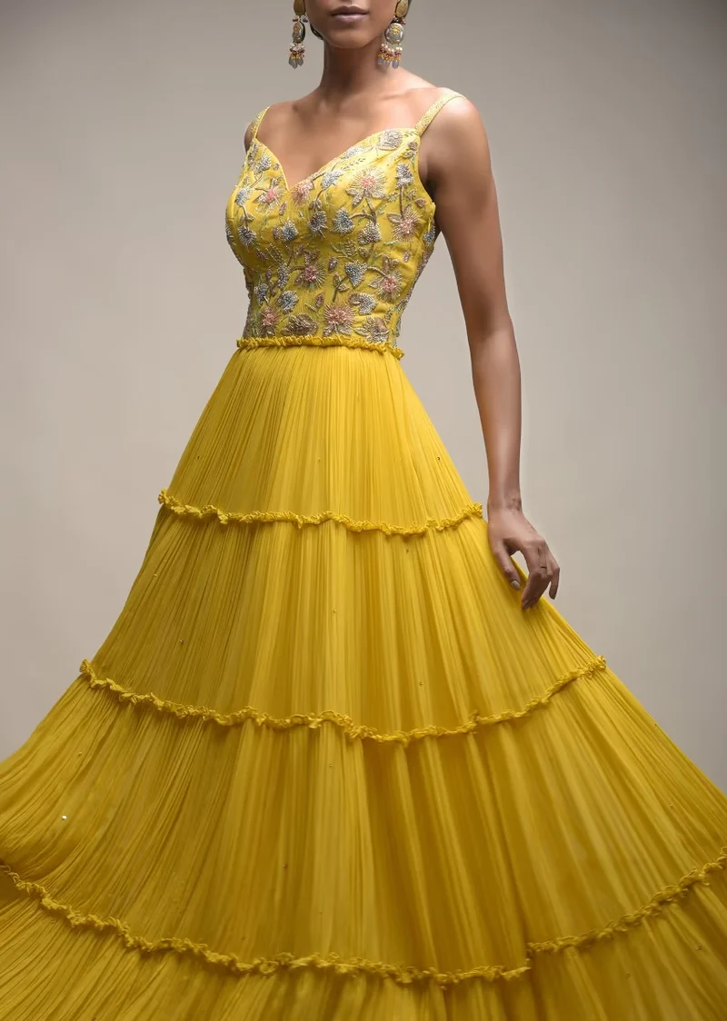 Citrus Indowestern Tiered suit In Georgette With Resham And Beads Embroidered Floral Pattern - Image 4
