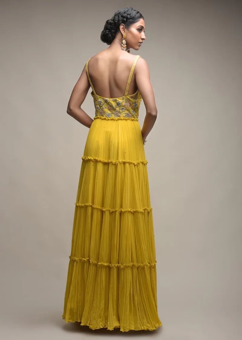Citrus Indowestern Tiered suit In Georgette With Resham And Beads Embroidered Floral Pattern - Image 5
