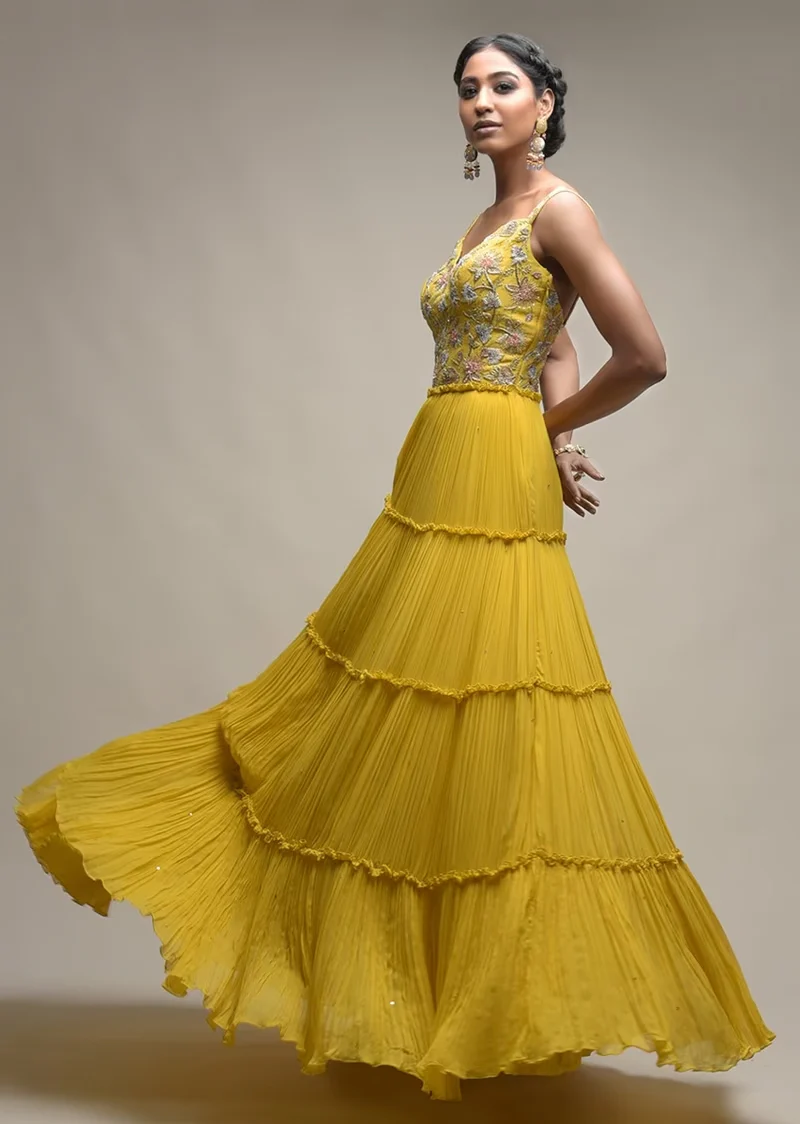Citrus Indowestern Tiered suit In Georgette With Resham And Beads Embroidered Floral Pattern - Image 7