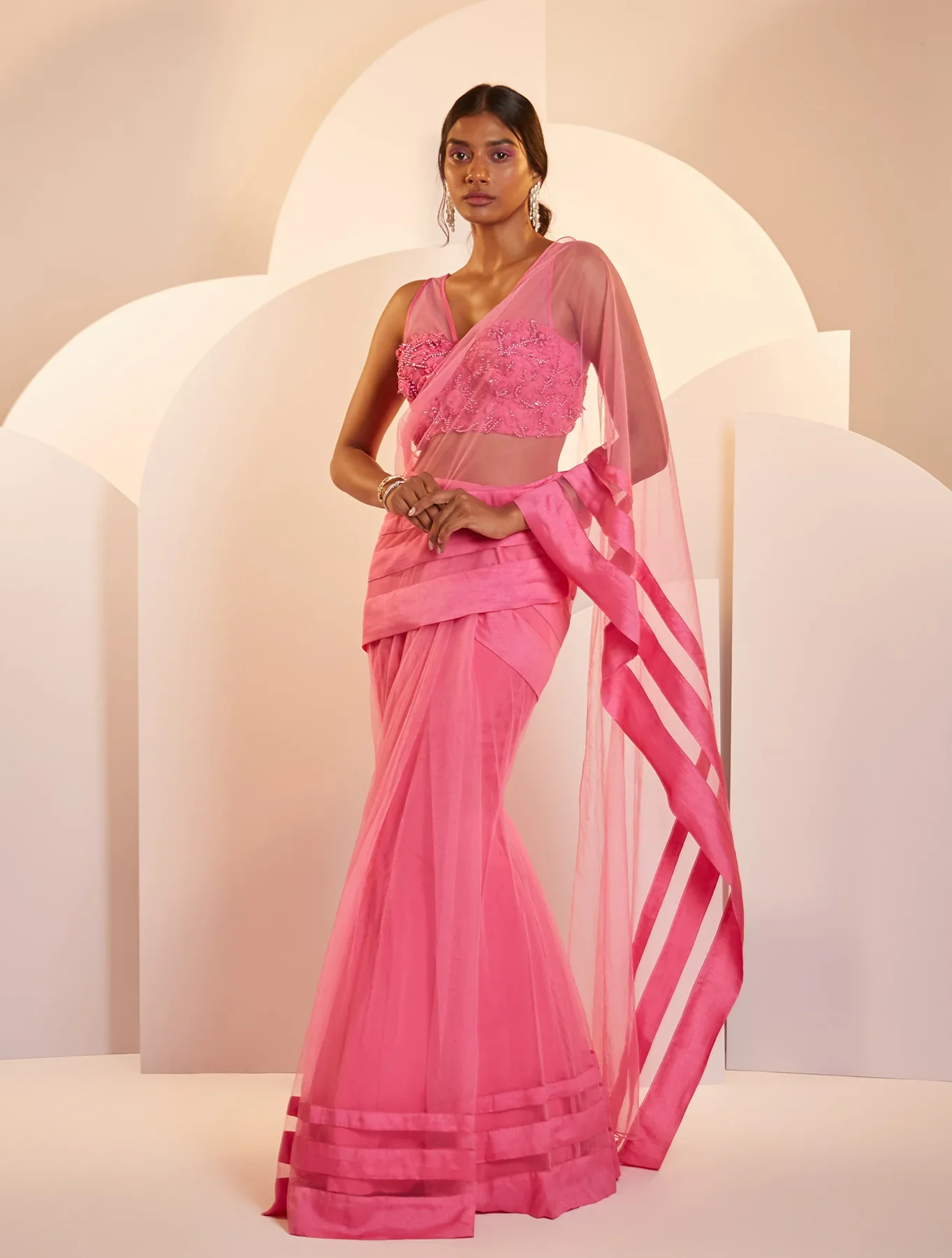 CLAIRE - Hot Pink Pre-Pleated Tulle Saree