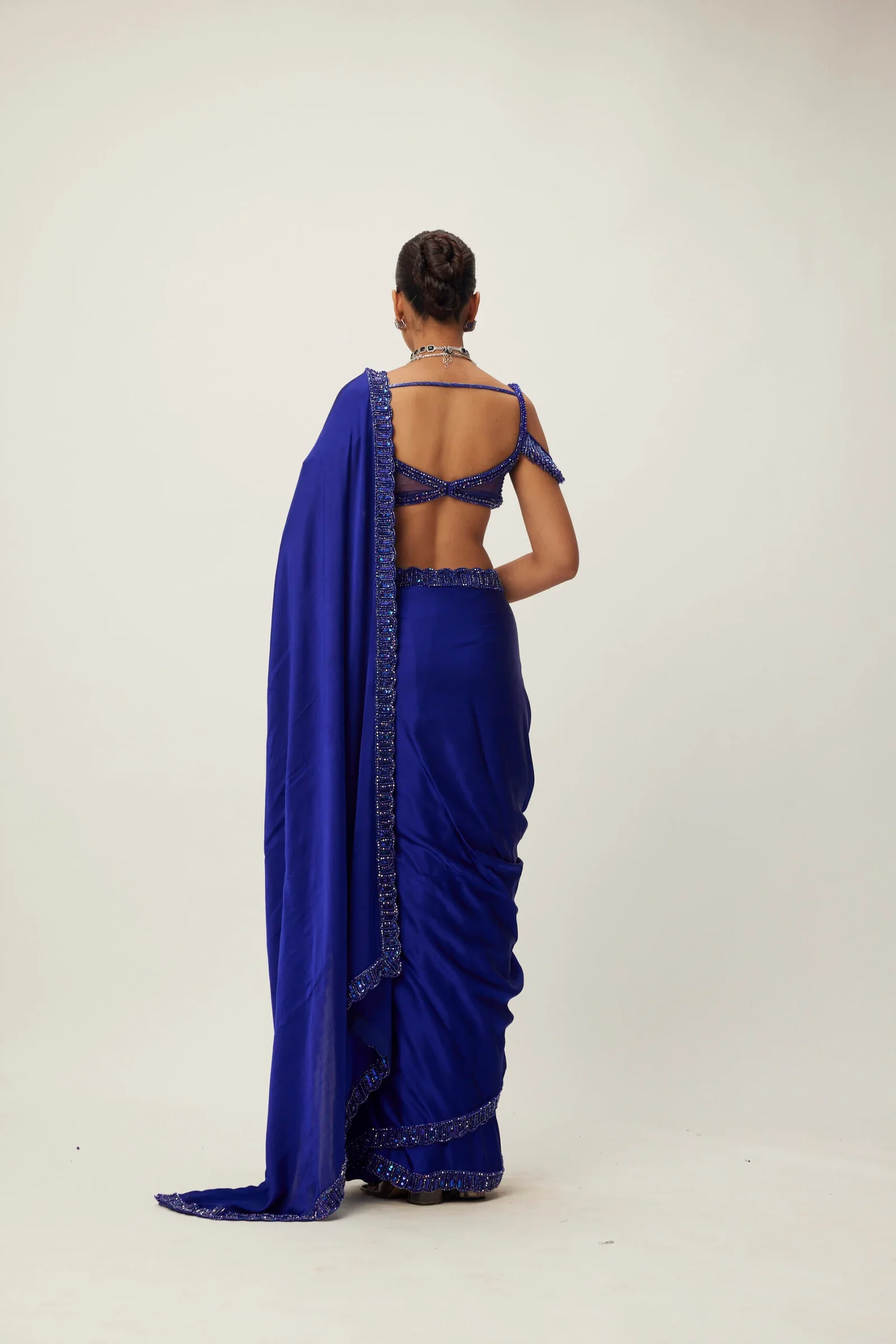 Cocktail Blue Satin Saree Set - Image 5