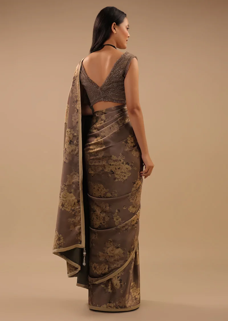 Coffee Brown Satin Saree With Floral Print And Blouse With Stone Work - Image 3