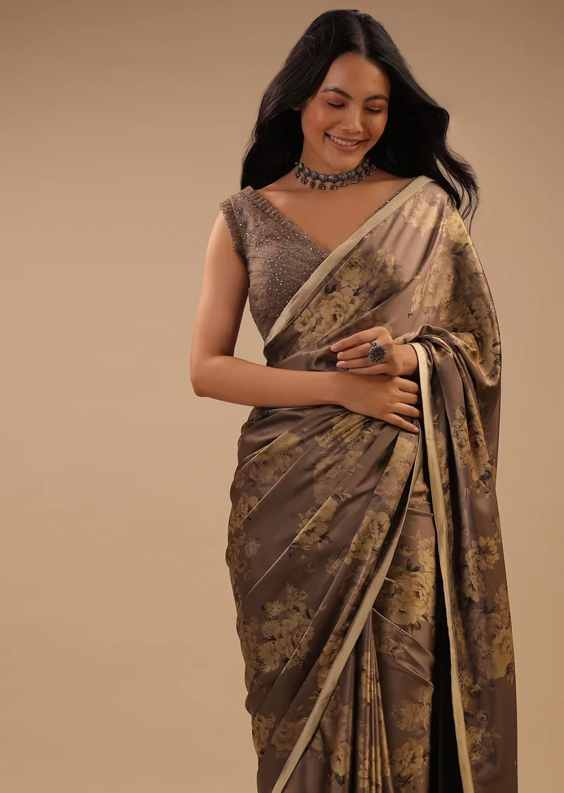 Coffee Brown Satin Saree With Floral Print And Blouse With Stone Work - Image 4