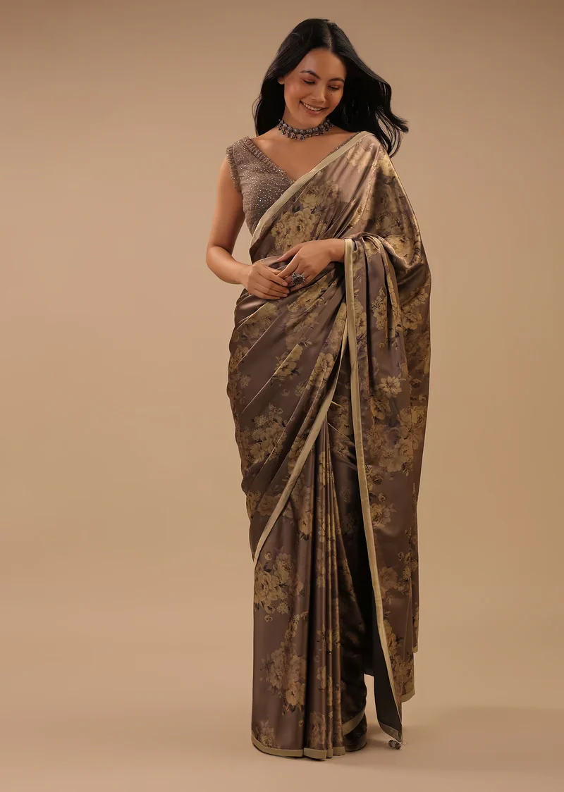 Coffee Brown Satin Saree With Floral Print And Blouse With Stone Work - Image 5