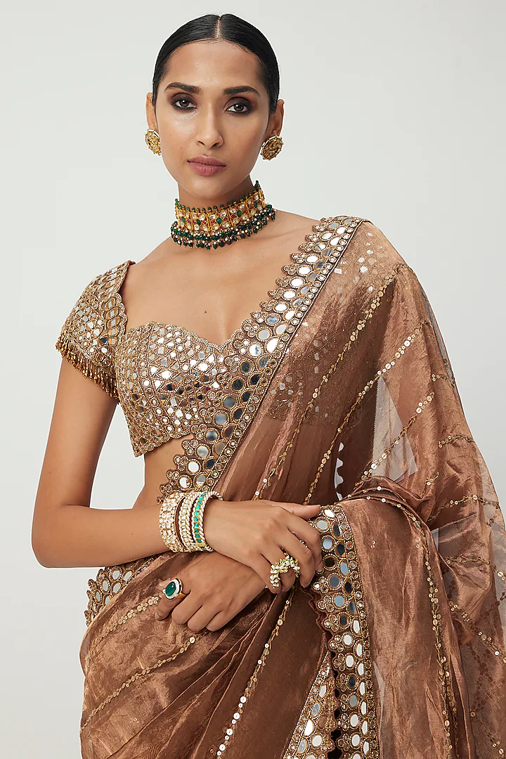 Copper Shimmer Organza Saree Set - Image 3