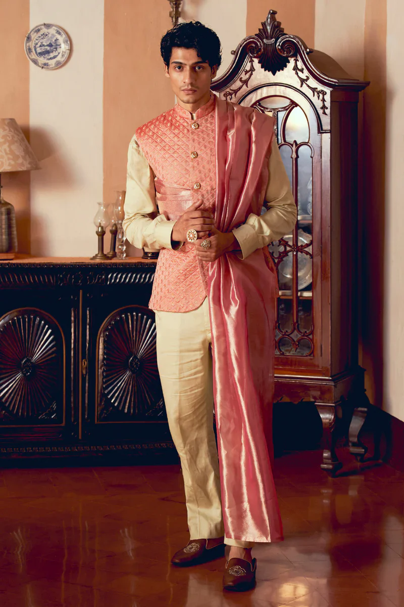 Coral Jacquard Banarasi Men's Jacket - Image 3