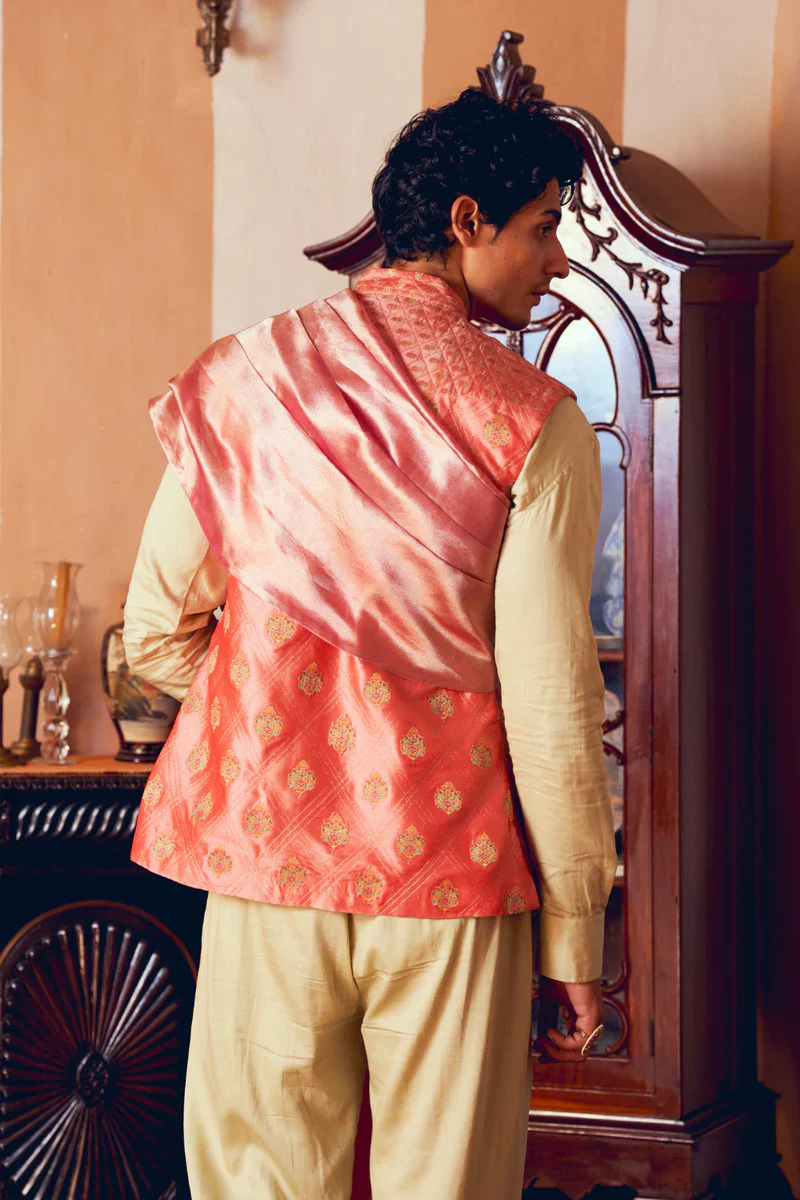 Coral Jacquard Banarasi Men's Jacket - Image 4