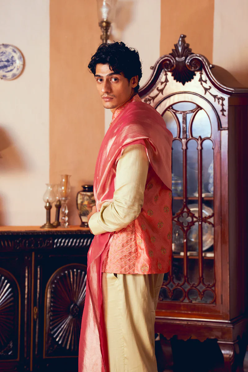 Coral Jacquard Banarasi Men's Jacket - Image 5