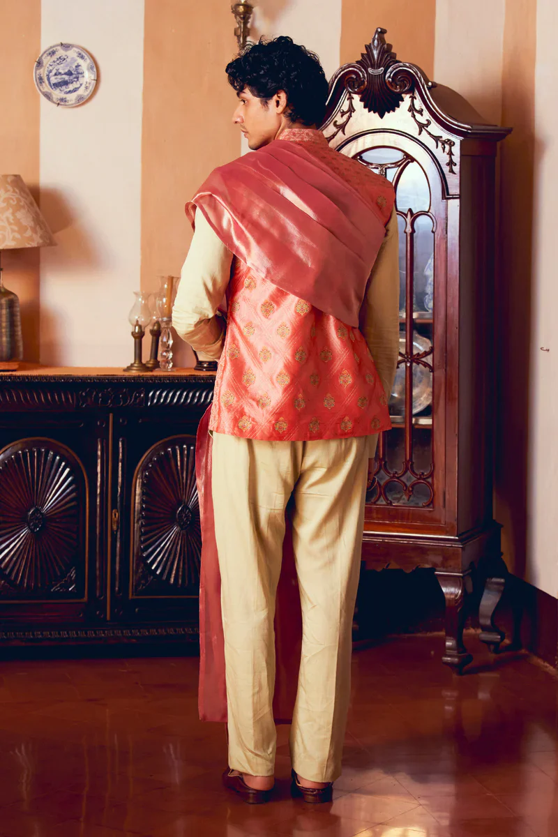 Coral Jacquard Banarasi Men's Jacket - Image 6
