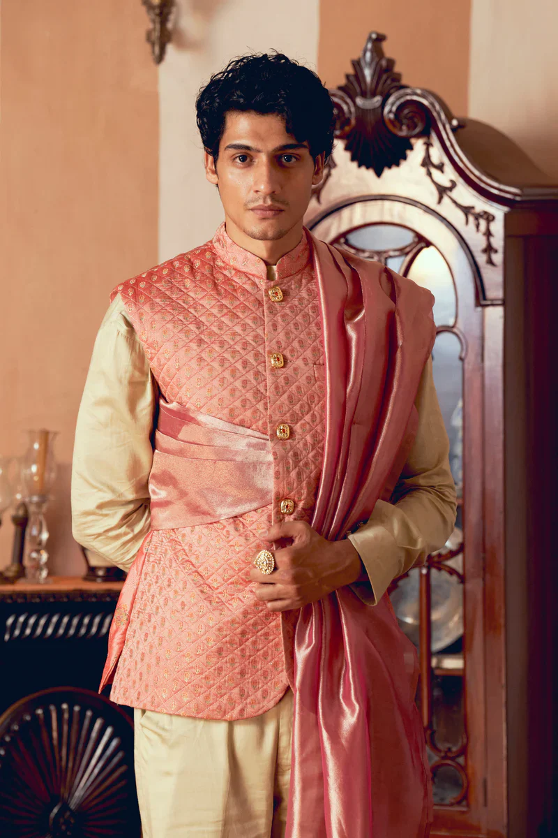 Coral Jacquard Banarasi Men's Jacket - Image 7