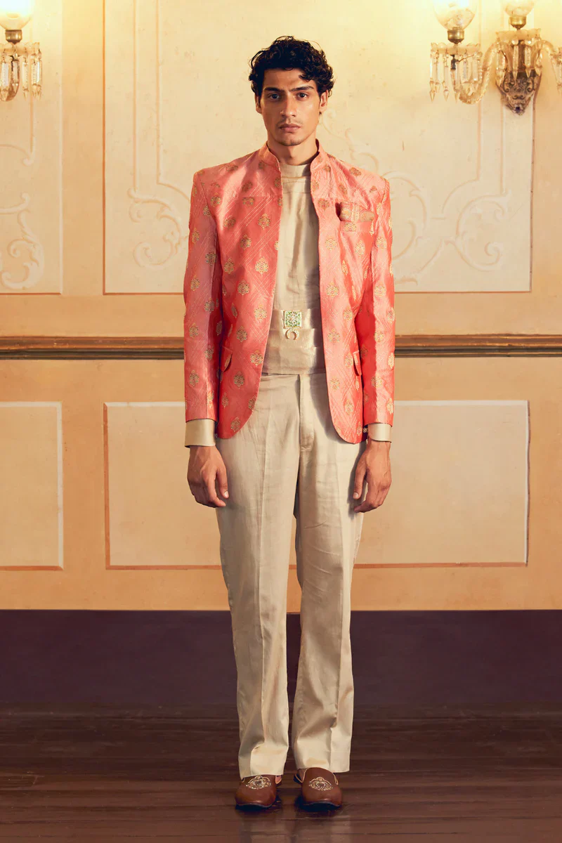Coral Jacquard Banarasi Men's Jacket Set - Image 2