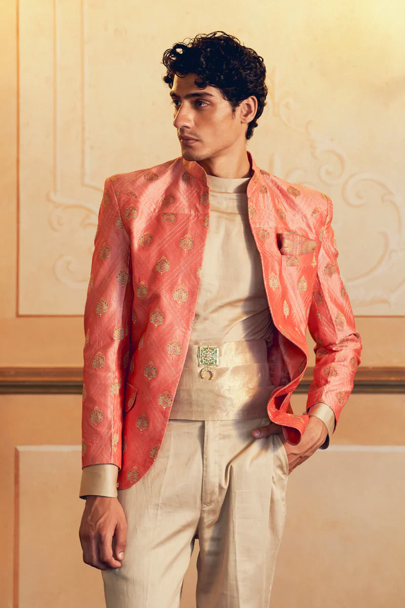 Coral Jacquard Banarasi Men's Jacket Set - Image 3