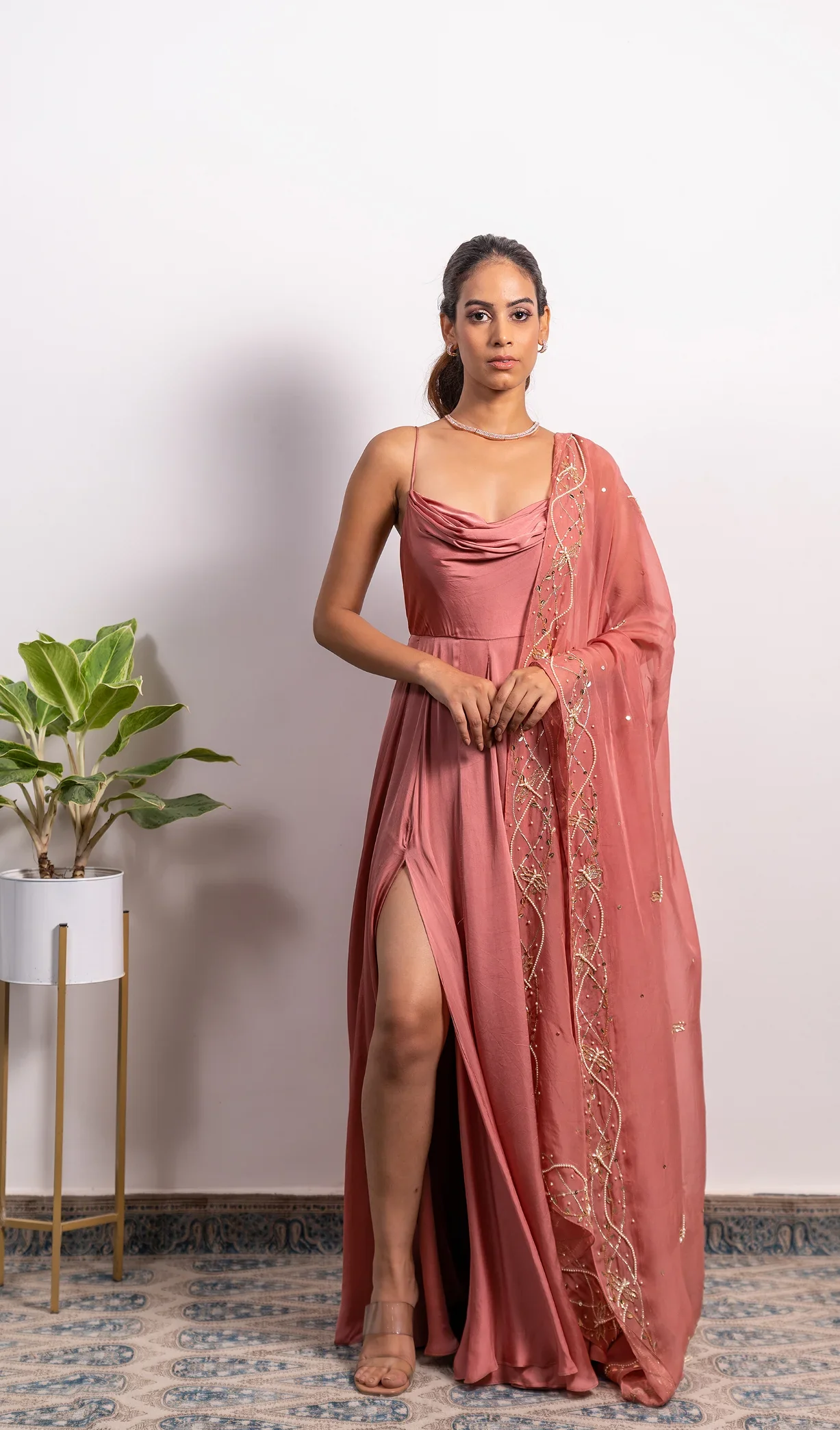 Cowl Neck Anarkali With High Slit And Embroidered Dupatta Set - Image 4
