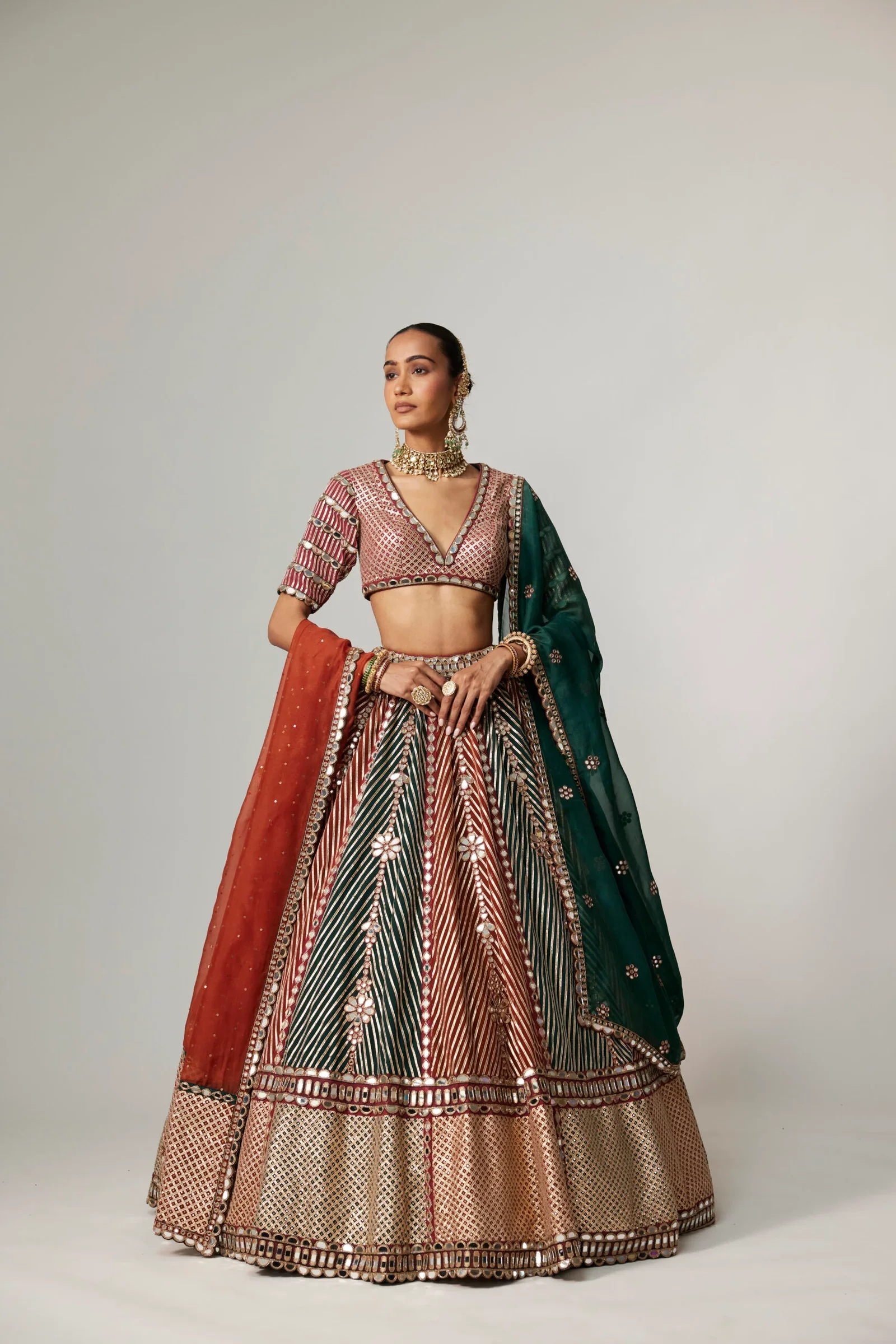 Cranberry Multicolor Linear Flower Lehenga Set With Double Dupatta