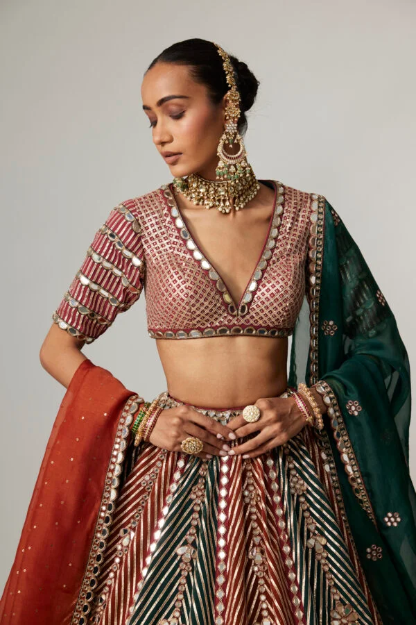 Cranberry Multicolor Linear Flower Lehenga Set With Double Dupatta - Image 2
