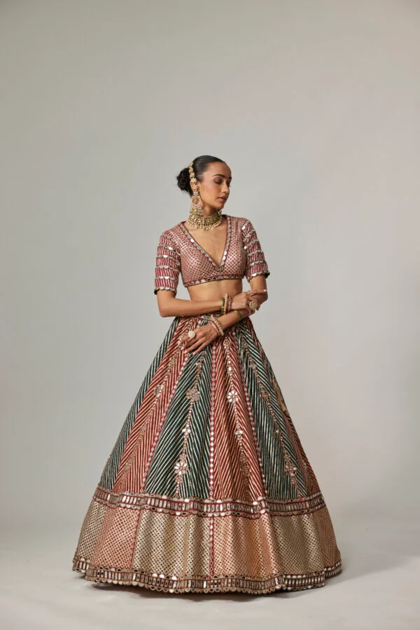 Cranberry Multicolor Linear Flower Lehenga Set With Double Dupatta - Image 3