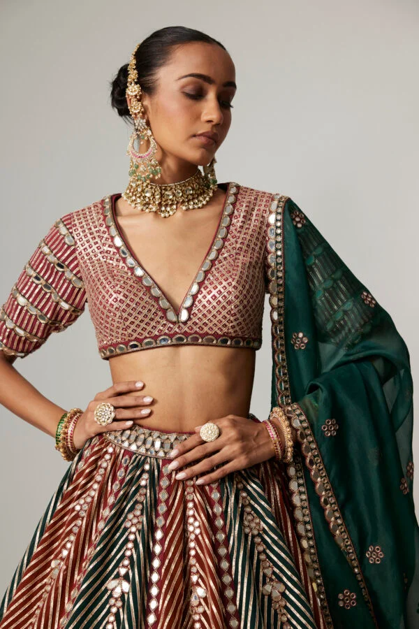 Cranberry Multicolor Linear Flower Lehenga Set With Jade Green Dupatta - Image 2