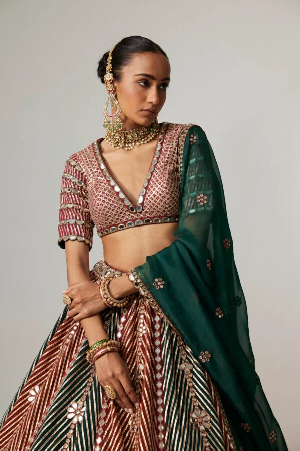 Cranberry Multicolor Linear Flower Lehenga Set With Jade Green Dupatta - Image 3