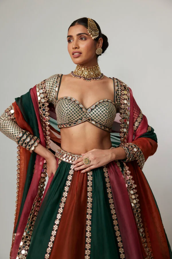 Cranberry Multicolor Linear Lehenga With Sweetheart Full Sleeve Blouse - Image 2