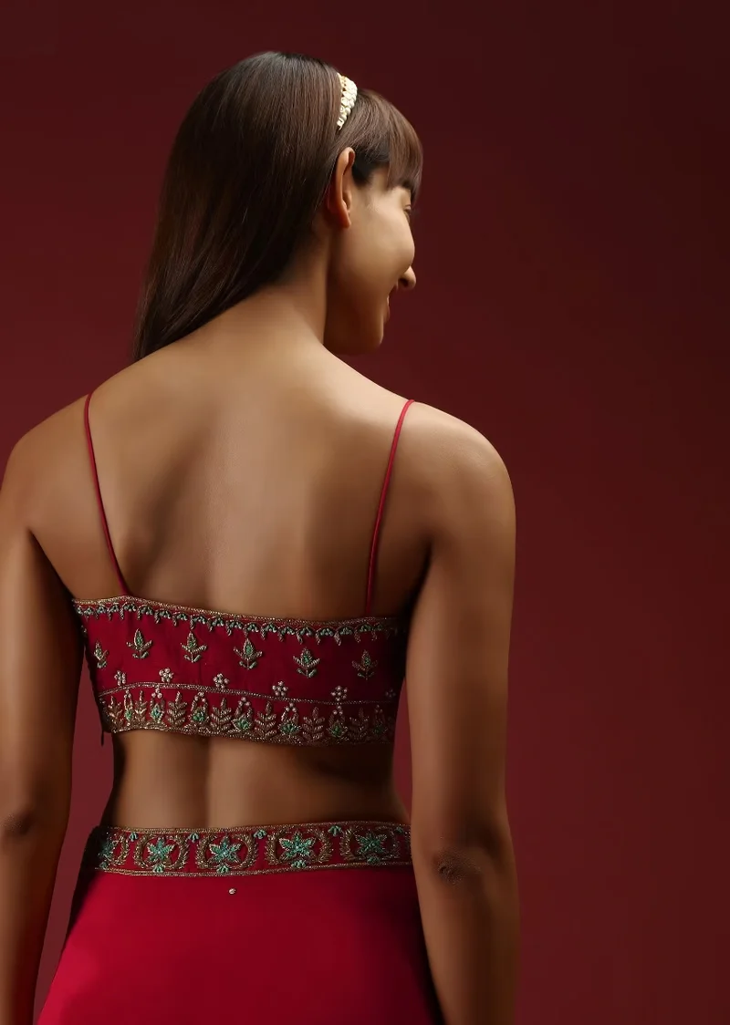 Cranberry Red Ready Pleated Saree With A Multicolored Hand Embroidered Blouse And Belt - Image 3