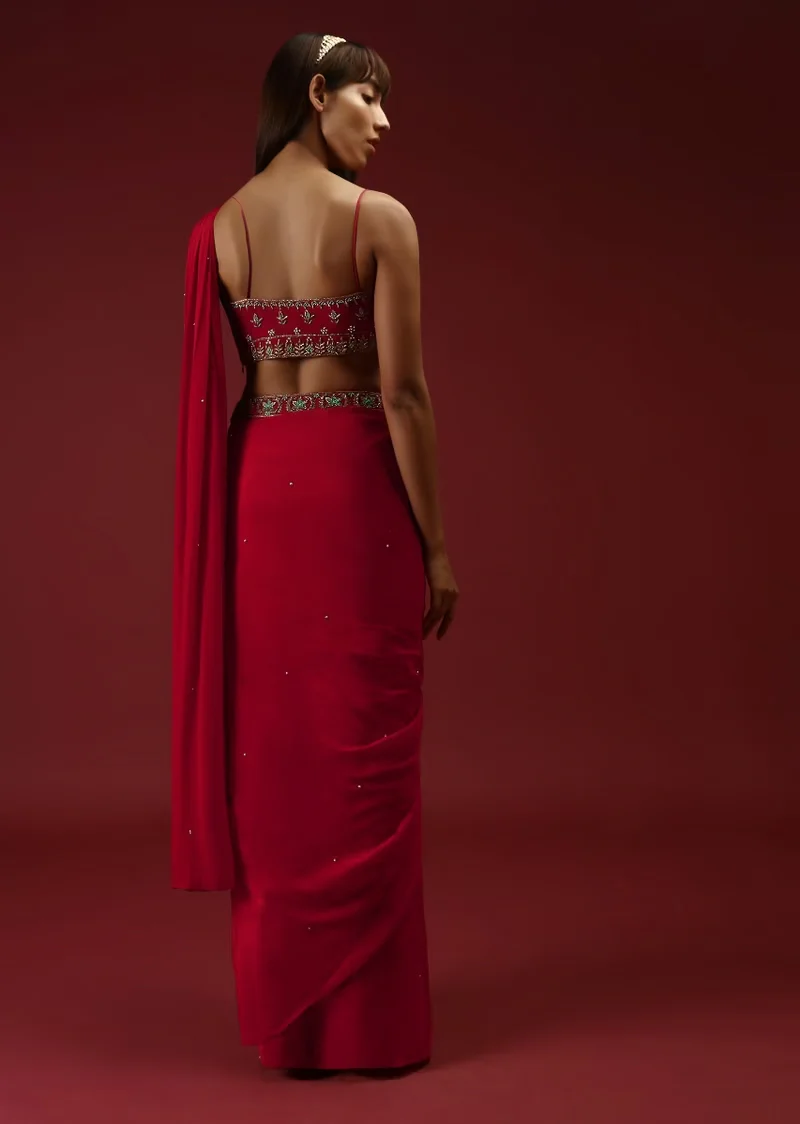 Cranberry Red Ready Pleated Saree With A Multicolored Hand Embroidered Blouse And Belt - Image 4