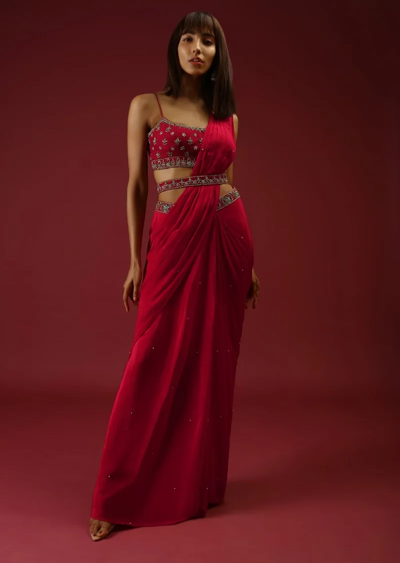 Cranberry Red Ready Pleated Saree With A Multicolored Hand Embroidered Blouse And Belt - Image 5